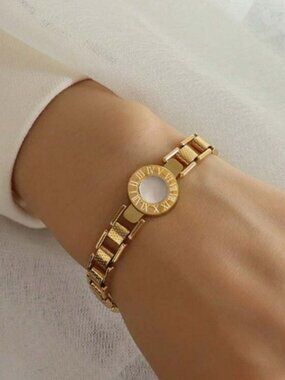 Gold Stainless Steel Roman Numeral Bracelet Minimalist Link Bangle
